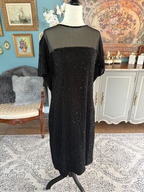 Vintage Black Beaded Cocktail Dress with Sheer Yoke